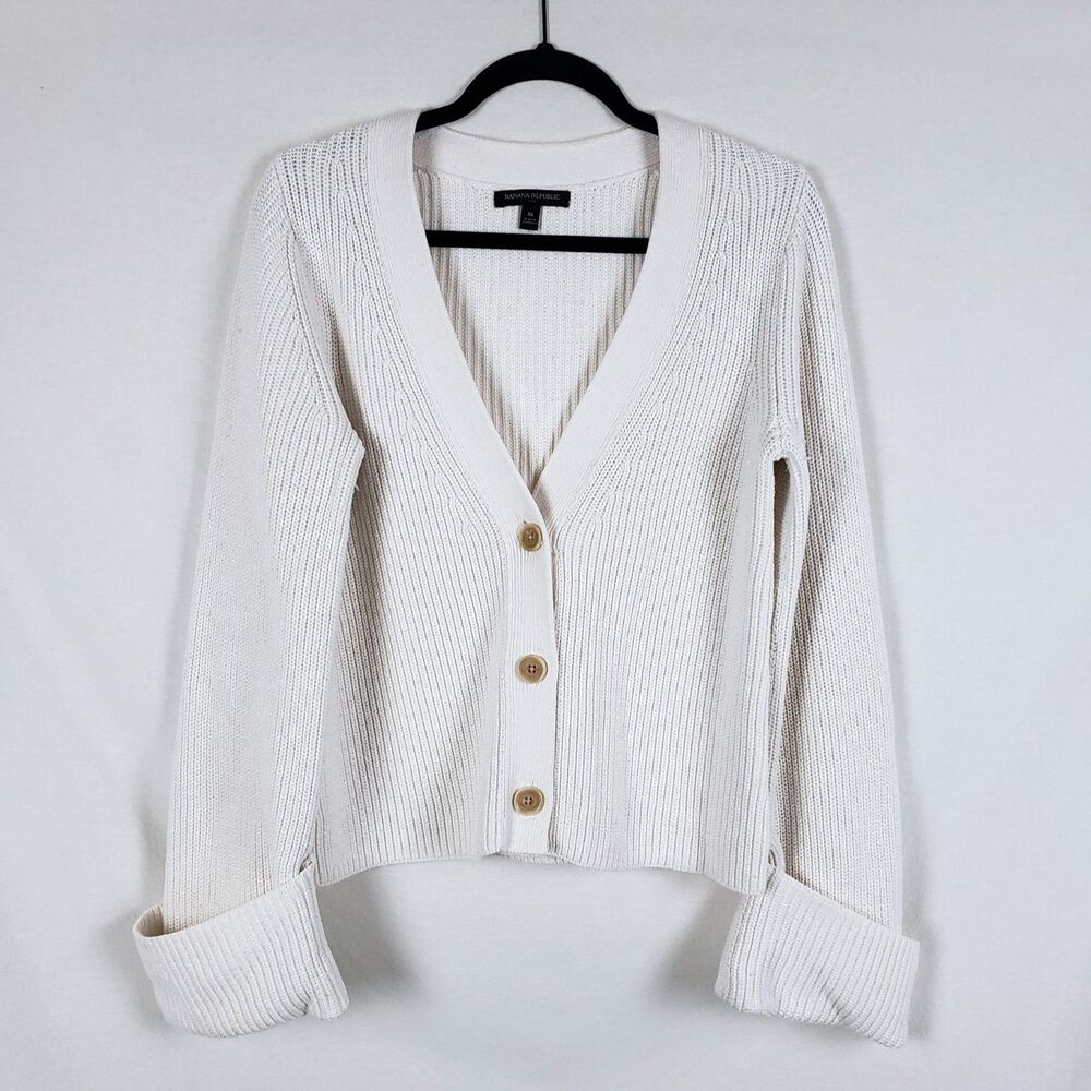 Banana Republic Cardigan Sweater Womens M Scandi Clean Girl Ribbed Knit Cream